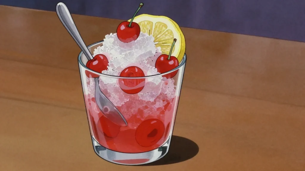 Grattachecca, ice shaved by hand from a block, drenched in fruit syrup and fresh fruit, Vatican City dessert, anime style