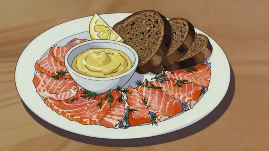 Gravlax, salmon cured with salt, sugar, dill; mustard-dill sauce, Norway charcuterie & cured, anime style