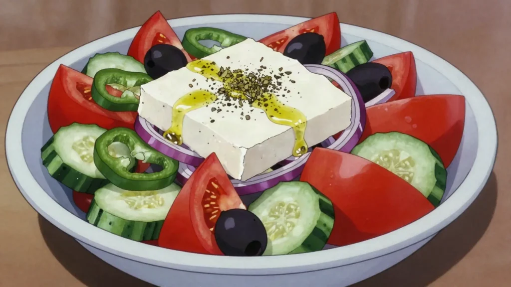 Greek salad, tomato, cucumber, olives, feta slab, oregano, olive oil, Greece salad & side, anime style