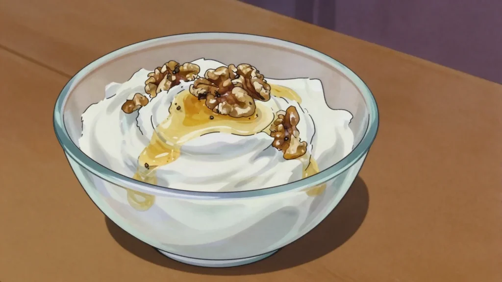 Greek yogurt, strained yoghurt, thick and tart, eaten with honey and walnuts, Greece cheese & dairy, anime style