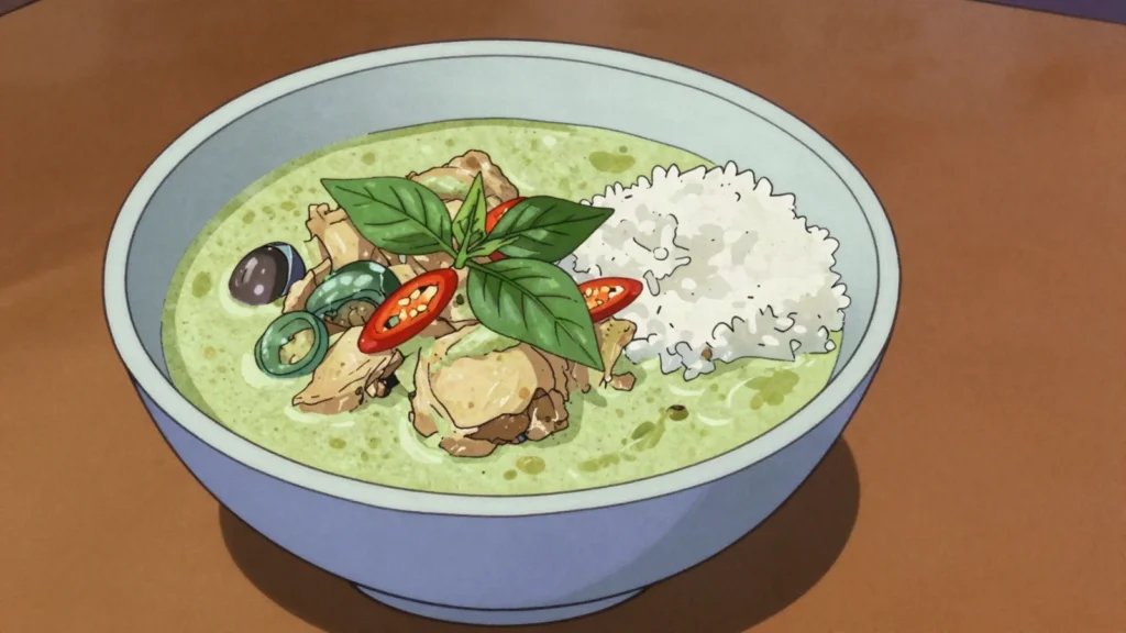 Green Curry, coconut curry of green chili paste, chicken and Thai basil, Thailand main, anime style