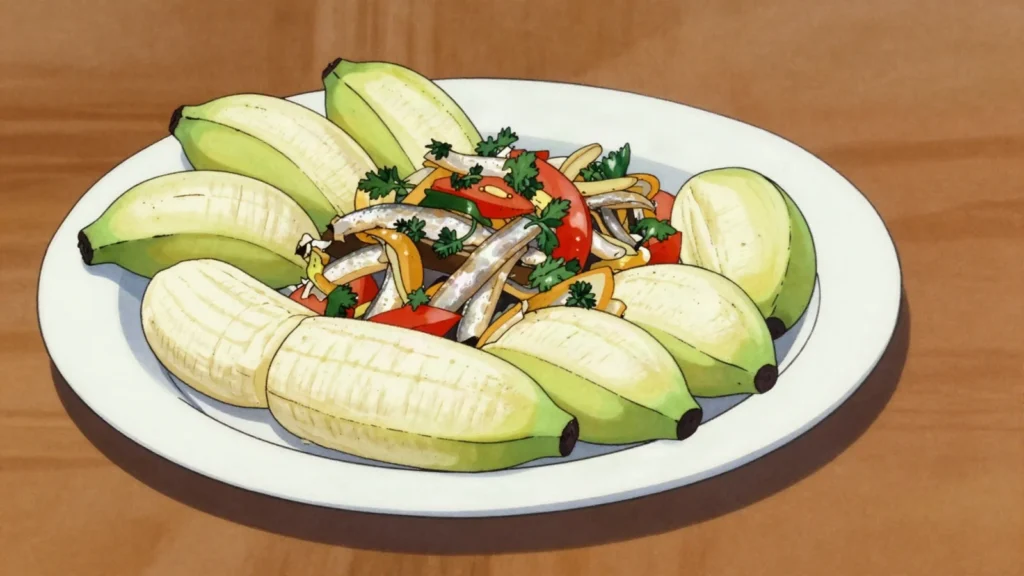 Green fig and saltfish, national dish of green bananas with sautéed salt cod, Saint Lucia main, anime style