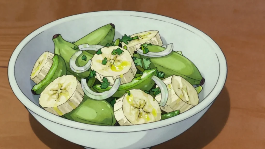 Green fig salad, boiled green bananas dressed cold with onion, herbs and vinegar, Saint Lucia salad & side, anime style