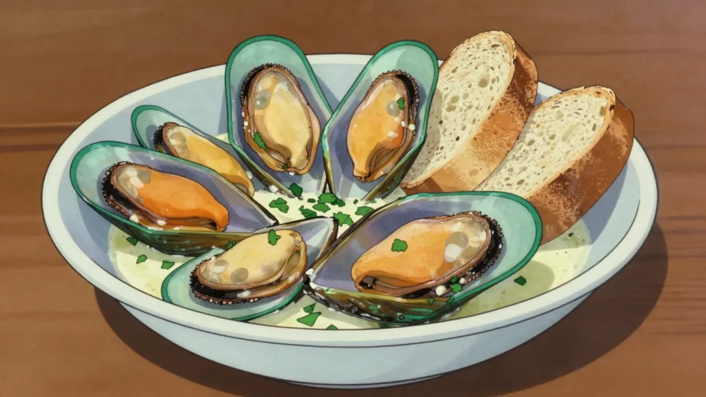 Green-Lipped Mussels, plump native mussels steamed or grilled, often with garlic and cream, New Zealand main, anime style