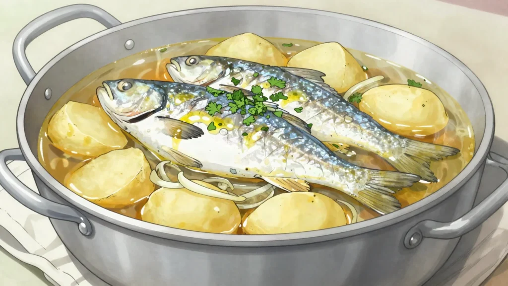 Gregada, hvar fisherman's stew of white fish, potatoes and onion in wine, Croatia soup & stew, anime style