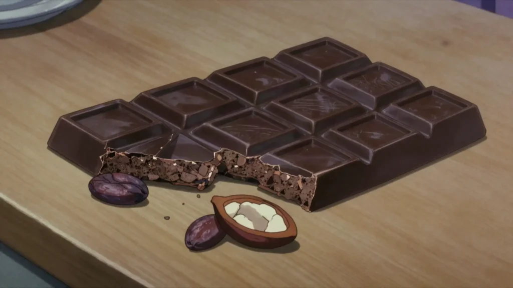 Grenada chocolate, dark bars made from local trinitario cacao, fruity and intense, Grenada snack, anime style