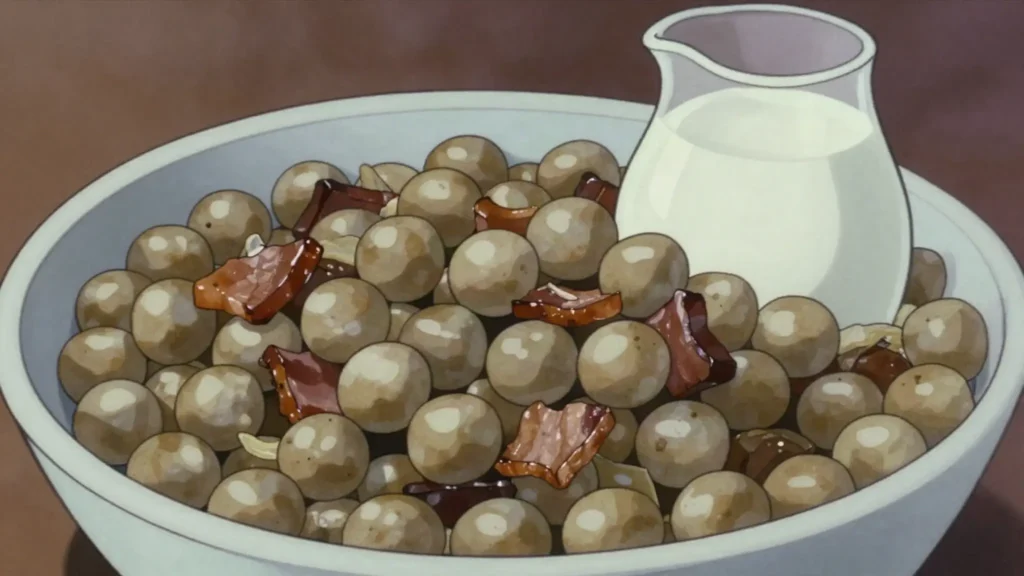 Grey peas with bacon, marbled grey peas stewed with smoked bacon and onion; national dish, Latvia main, anime style