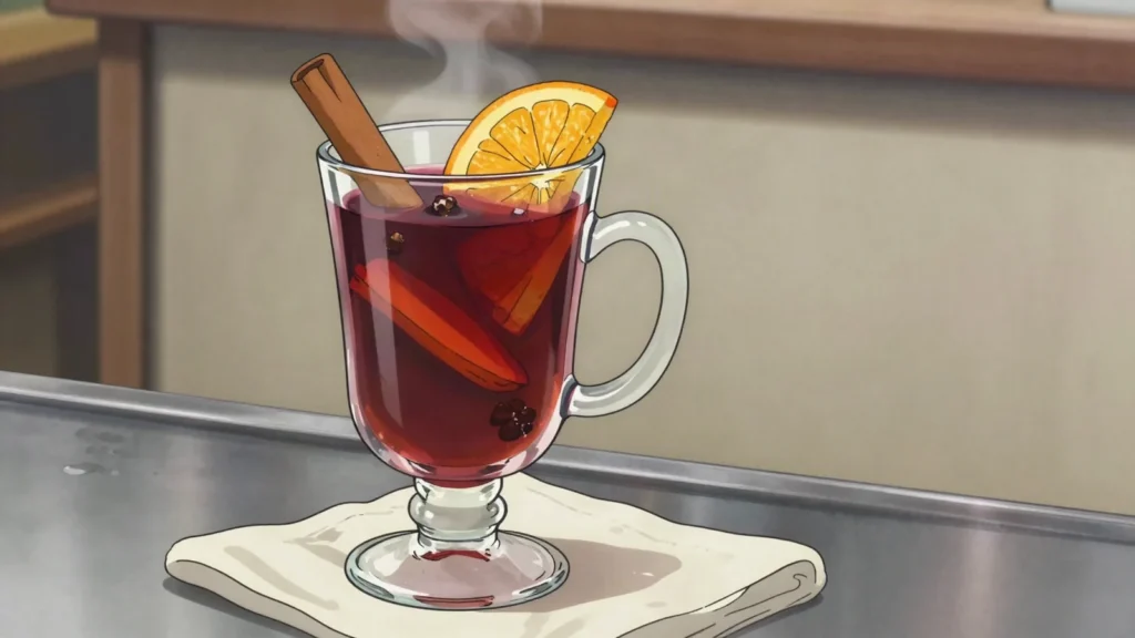 Greyano vino, red wine warmed with honey, cloves and orange, drunk in winter, Bulgaria cocktail, anime style