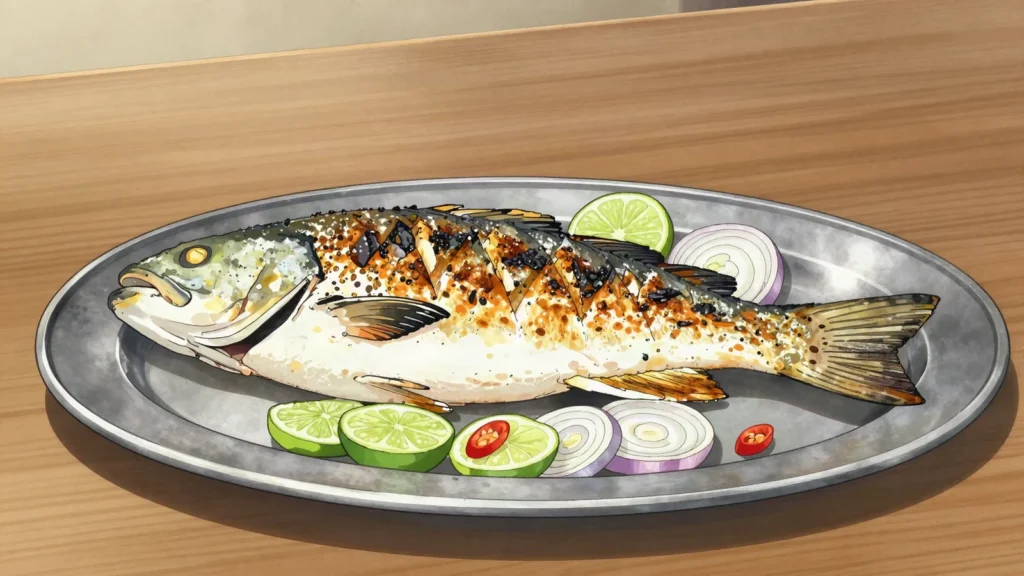 Grilled capitaine, nile perch from the Ubangi grilled with chili and lime, Central African Republic main, anime style
