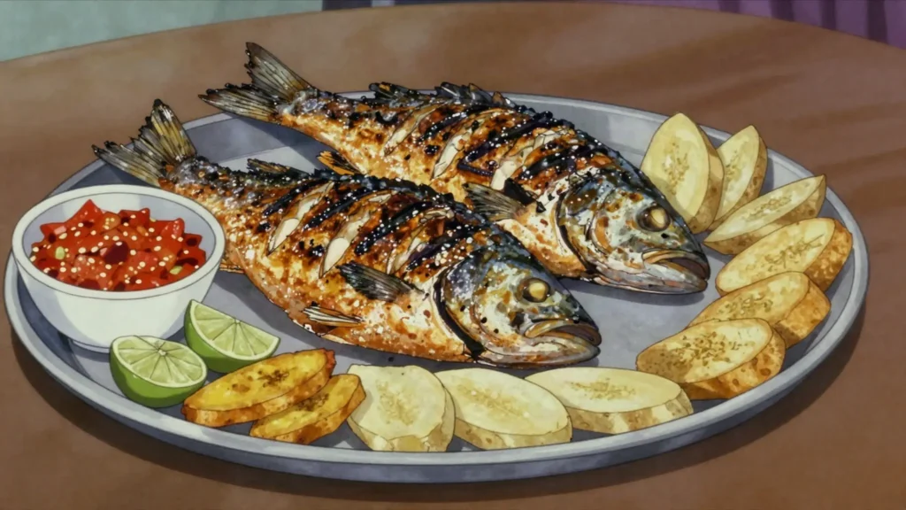 Grilled fish, fresh catch grilled over coals with chili and lime, Equatorial Guinea main, anime style