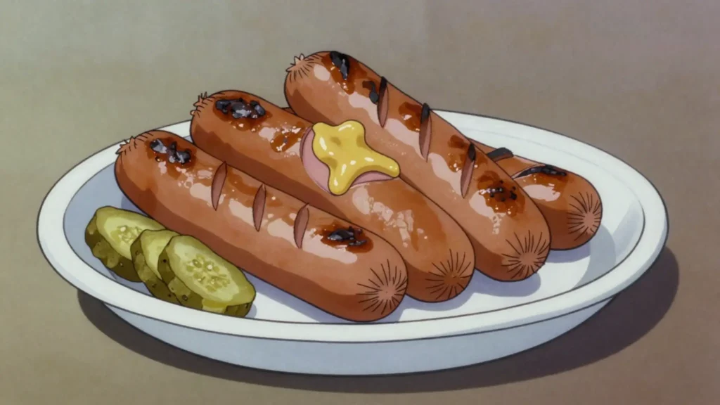 Grillimakkara, plump sausages grilled at the summer cottage, with mustard, Finland snack, anime style