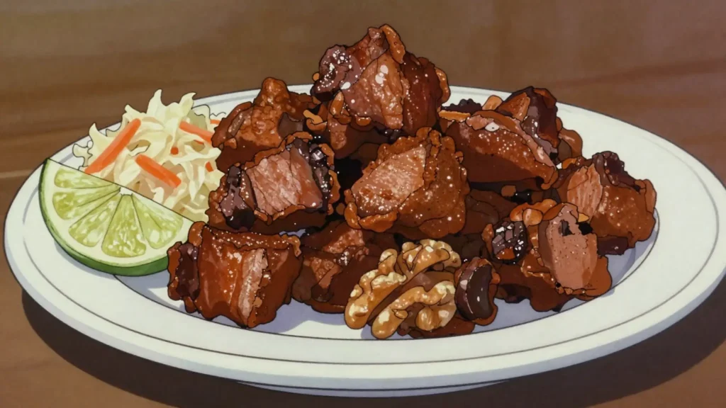 Griot, citrus-marinated pork chunks boiled then fried crisp, Haiti main, anime style