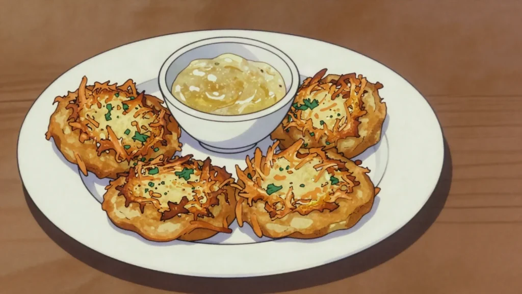 Gromperekichelcher, crispy shredded-potato fritters with onion and parsley; funfair, Luxembourg street food, anime style