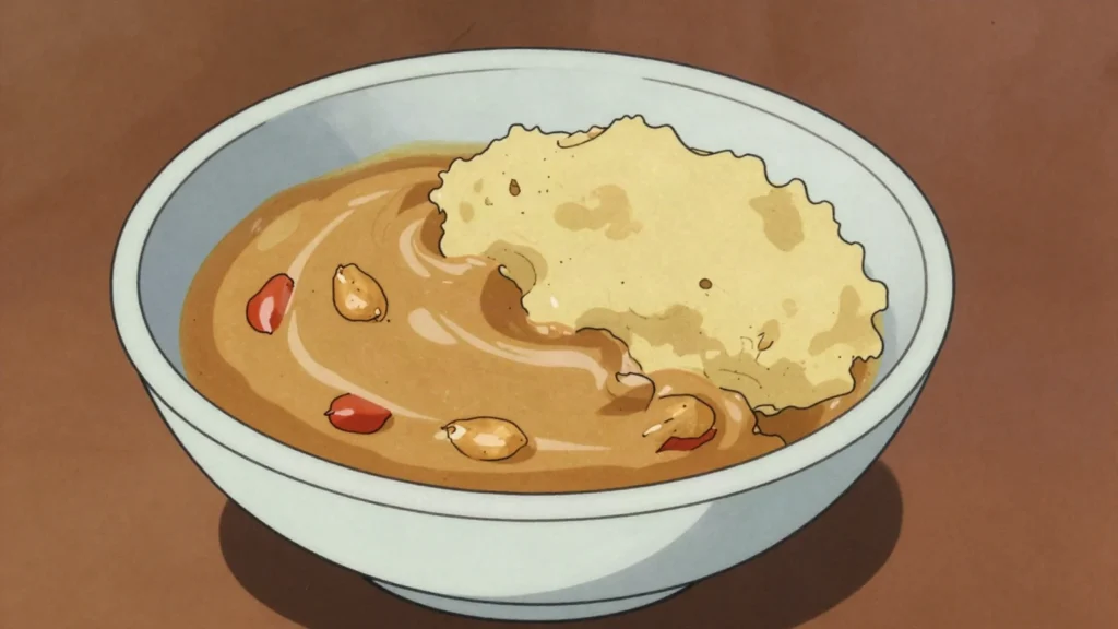 Groundnut sauce, smooth peanut sauce poured over matooke and sweet potatoes, Uganda sauce & condiment, anime style