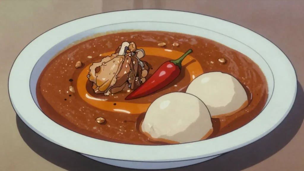 Groundnut soup, peanut soup with chicken, ladled over fufu or omo tuo, Ghana soup & stew, anime style