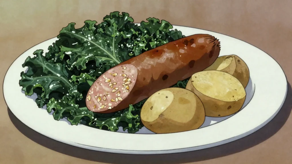 Grünkohl mit Pinkel, stewed kale with smoked grain sausage, eaten after the first frost, Germany main, anime style