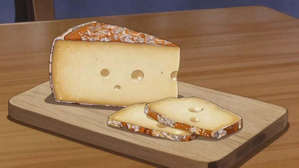 Gruyère, dense hard cheese, salty and fruity, the base of fondue and gratins, Switzerland cheese & dairy, anime style