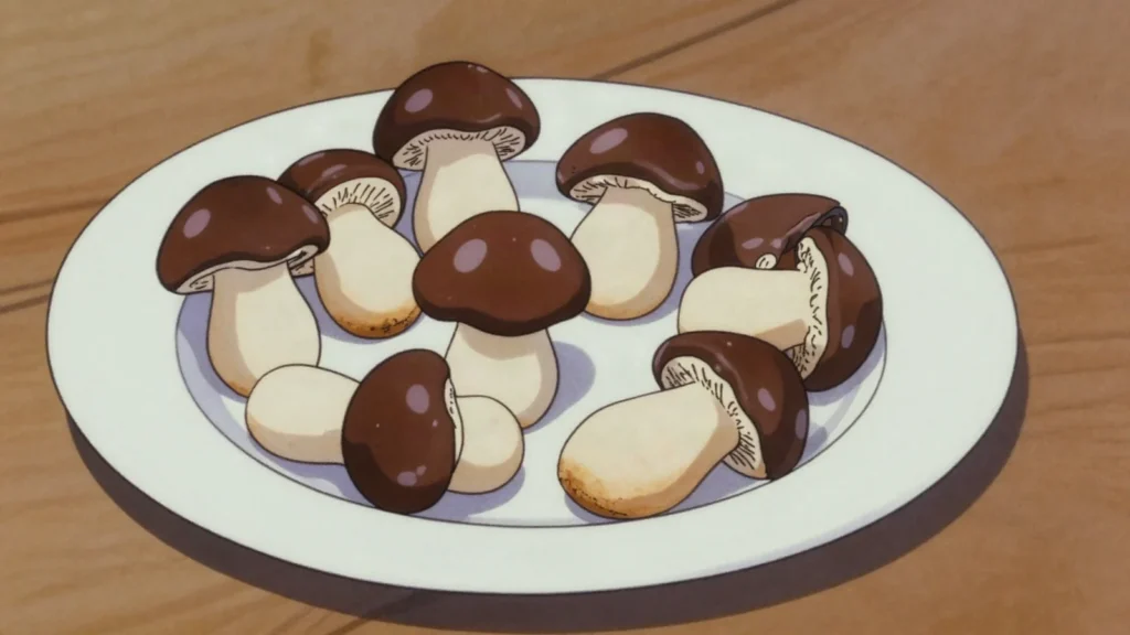 Grybukai, spiced biscuits shaped and glazed to look like little mushrooms, Lithuania snack, anime style