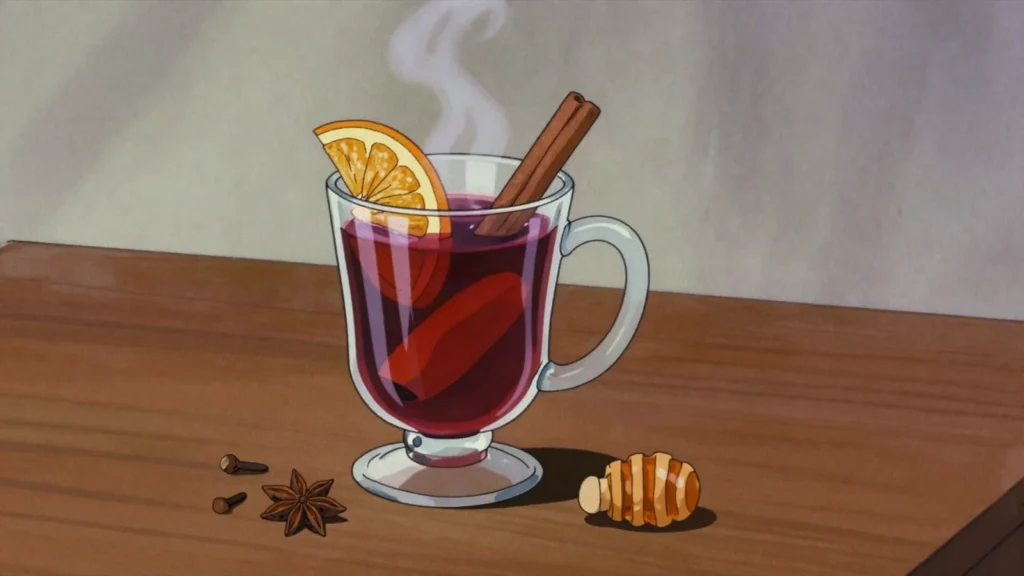 Grzaniec galicyjski, mulled wine with honey, cloves and cinnamon, drunk in mountain inns, Poland cocktail, anime style