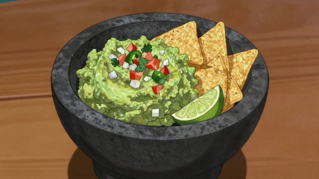 Guacamole, mashed avocado with lime, onion, chile; scooped with totopos, Mexico sauce & condiment, anime style