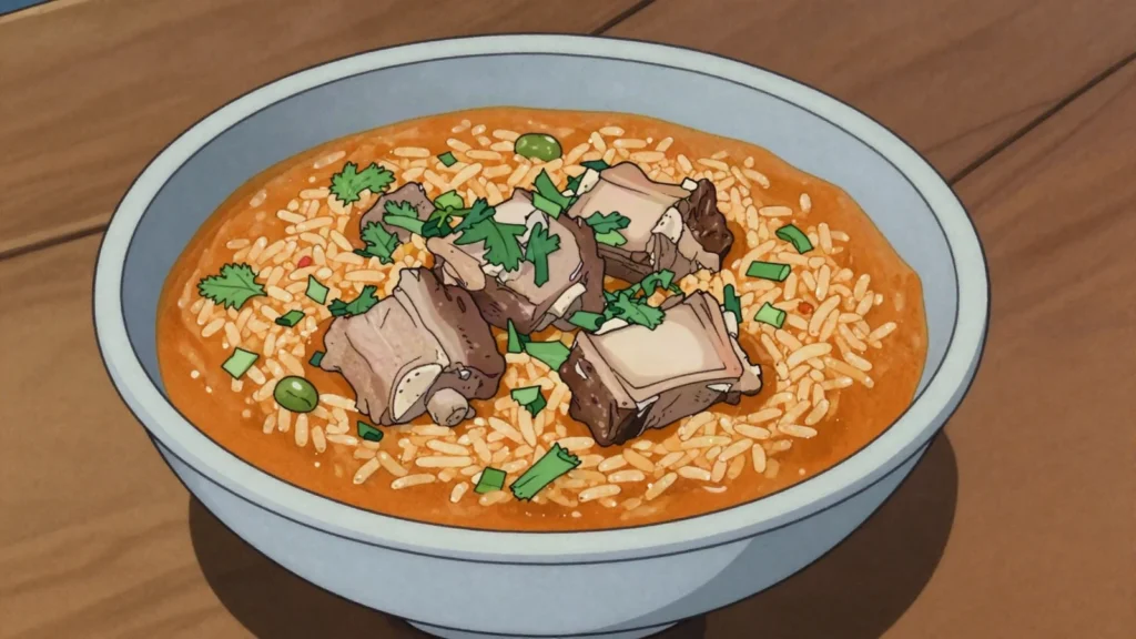 Guacho, soupy rice stew with beans, pork tail, or seafood, Panama main, anime style