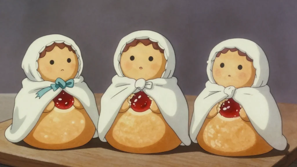 Guaguas de pan, sweet bread shaped like swaddled babies, filled with jam, Ecuador bread & pastry, anime style
