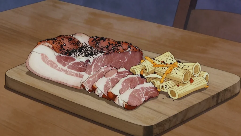 Guanciale, cured pork cheek, fattier and sharper than pancetta, Italy charcuterie & cured, anime style