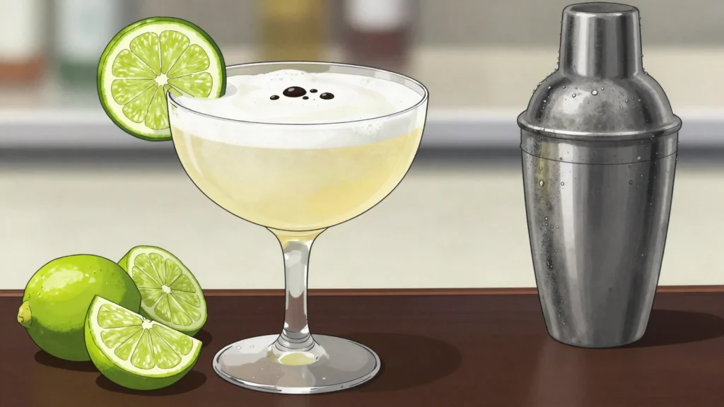 Guaro sour, cane guaro shaken with lime juice and sugar, served over ice, Costa Rica cocktail, anime style