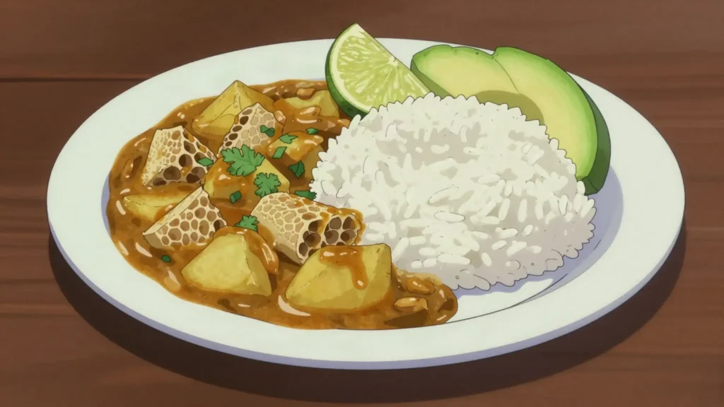 Guatita, tripe stewed in peanut-potato sauce, served with rice, Ecuador main, anime style