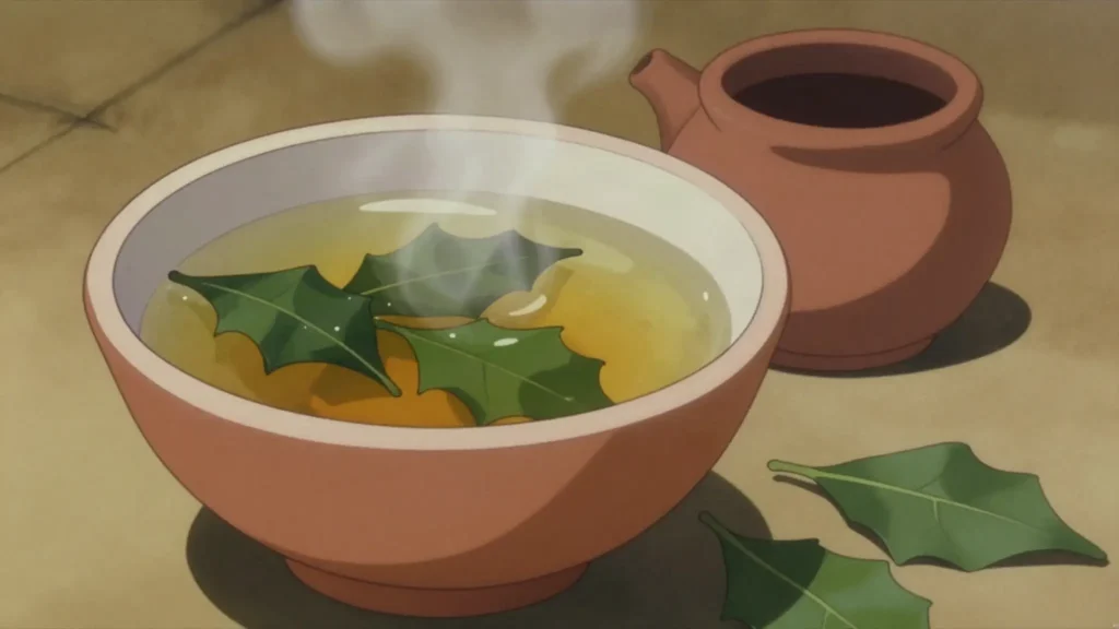 Guayusa, amazonian holly leaf brewed as a caffeinated tea, drunk before dawn, Ecuador drink, anime style