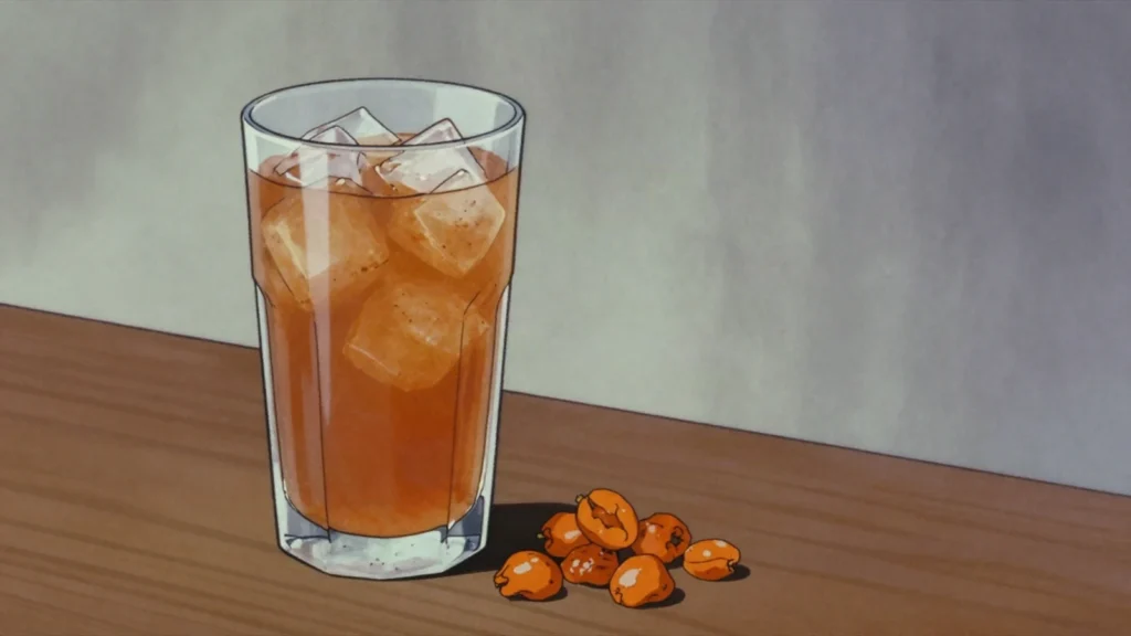Guddaim, small orange desert berries soaked in water to make a tart sweet drink, Sudan drink, anime style