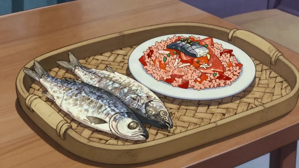 Guedj, fermented dried fish torn into stews for salty depth, Senegal fermented & pickled, anime style