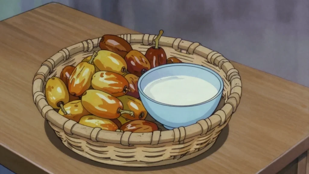 Guetna dates, fresh oasis dates eaten by the handful during the summer date harvest, Mauritania snack, anime style