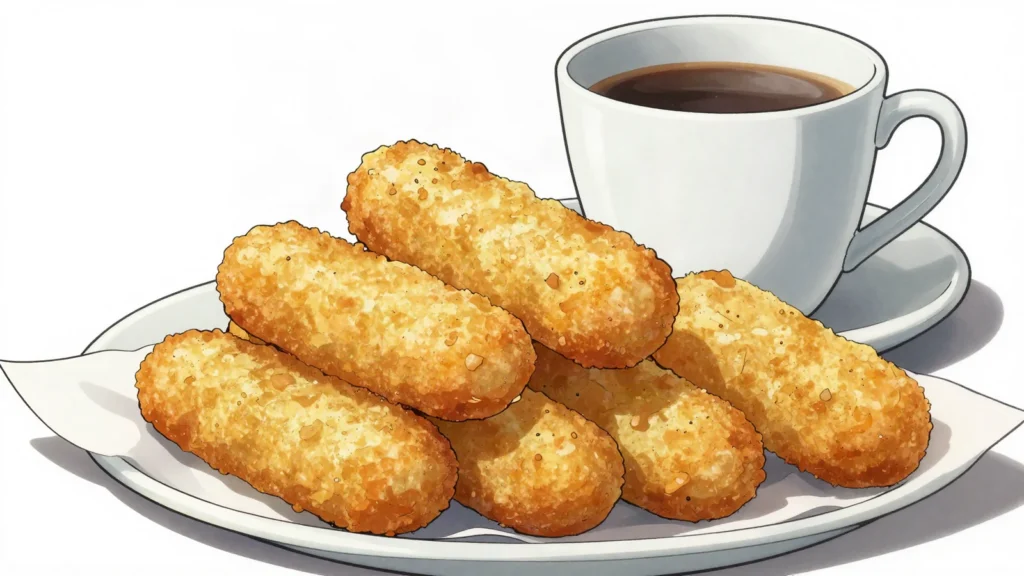 Gufong, fried maize-flour cakes, dense and lightly sweet, eaten with coffee, Cape Verde snack, anime style