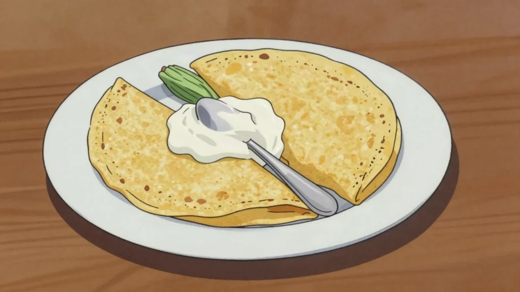 Güirilas, sweet young-corn tortillas served with cuajada cheese, Nicaragua snack, anime style