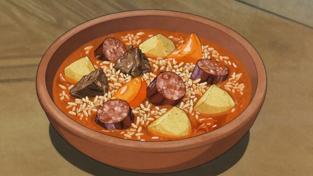 Guiso carrero, slow stew of pasta, meat and vegetables cooked in one pot, Uruguay soup & stew, anime style