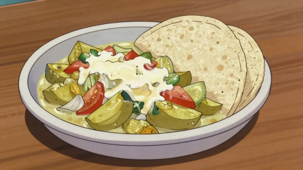 Guiso de pipián, young squash stewed with tomato, cheese and cream, eaten with tortillas, Nicaragua main, anime style