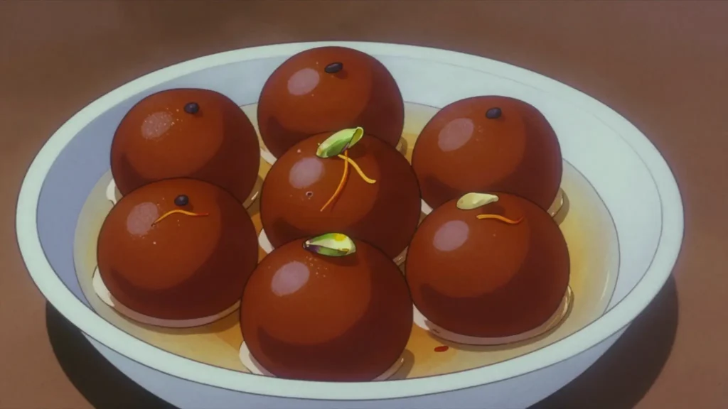 Gulab Jamun, fried milk-solid dumplings soaked in rose-cardamom syrup, India dessert, anime style