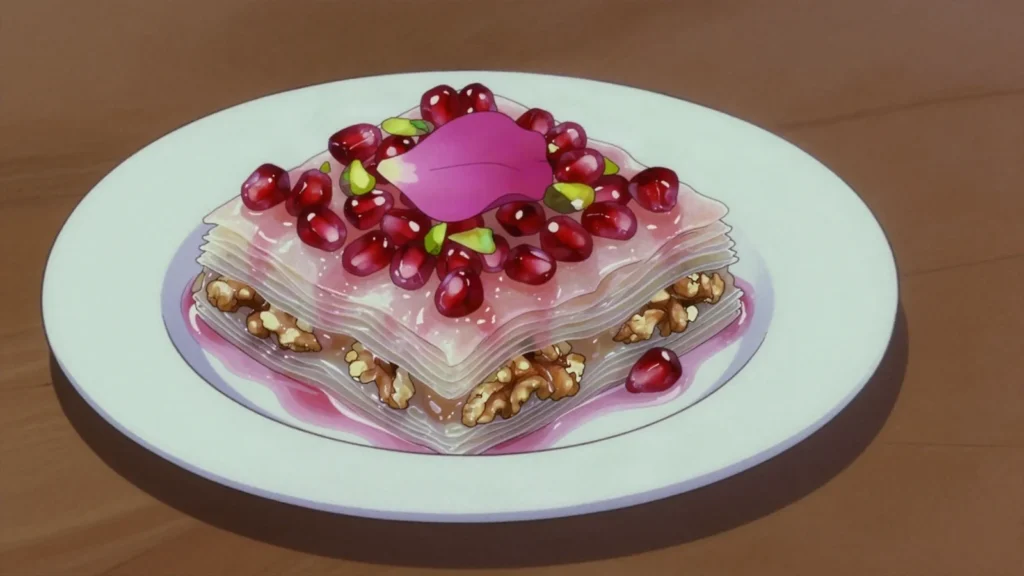 Gullac, sheets of starch wafer softened in sweet milk, layered with walnuts and rosewater, Turkey dessert, anime style