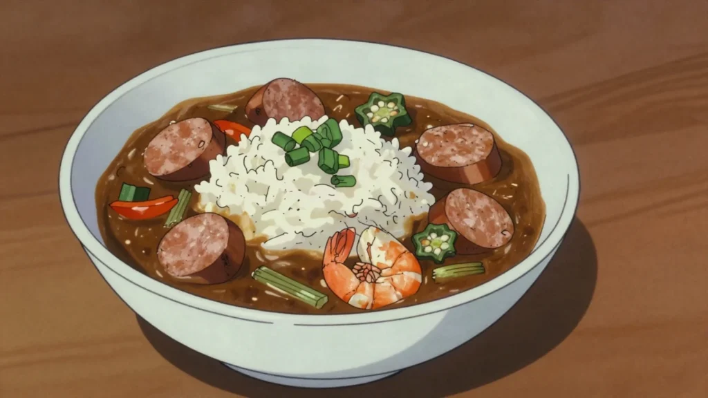 Gumbo, louisiana roux-based stew with okra, sausage, and seafood, United States soup & stew, anime style