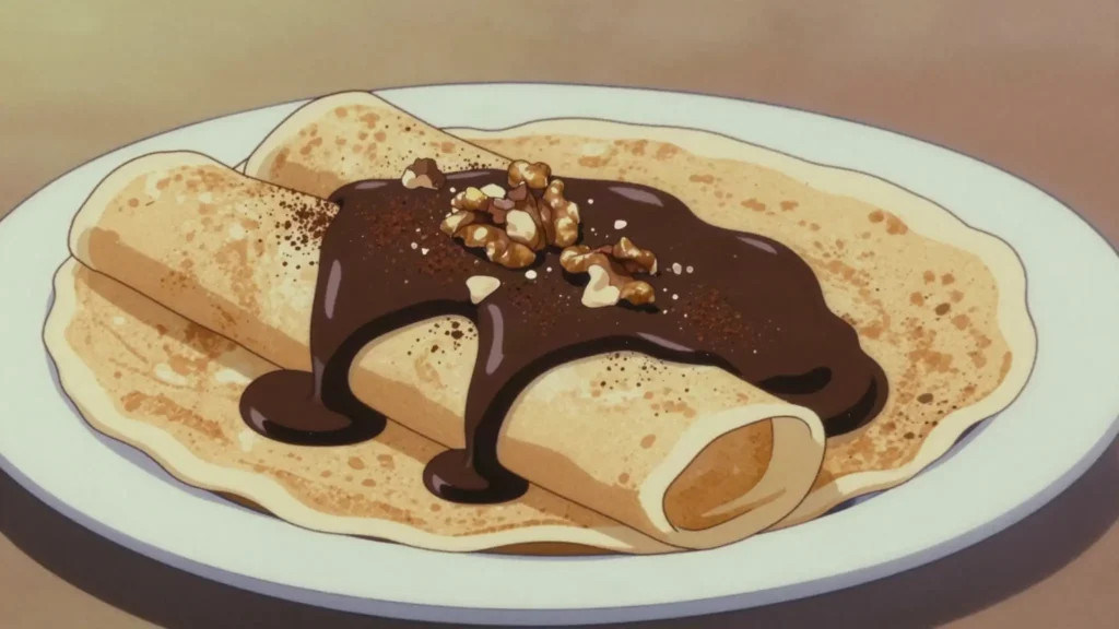 Gundel palacsinta, walnut-and-raisin crêpe flamed in rum with dark chocolate sauce, Hungary dessert, anime style