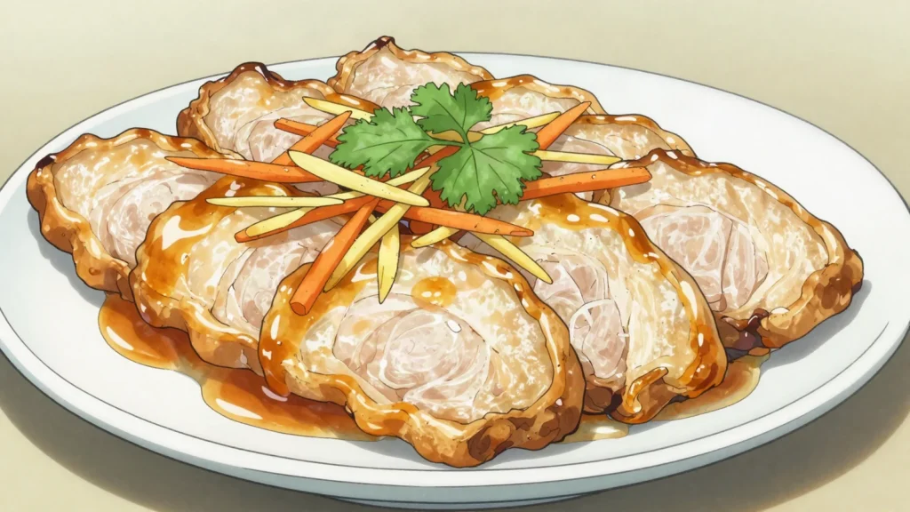 Guo Bao Rou, harbin sweet-and-sour fried pork slices in a crisp translucent potato-starch batter, China main, anime style