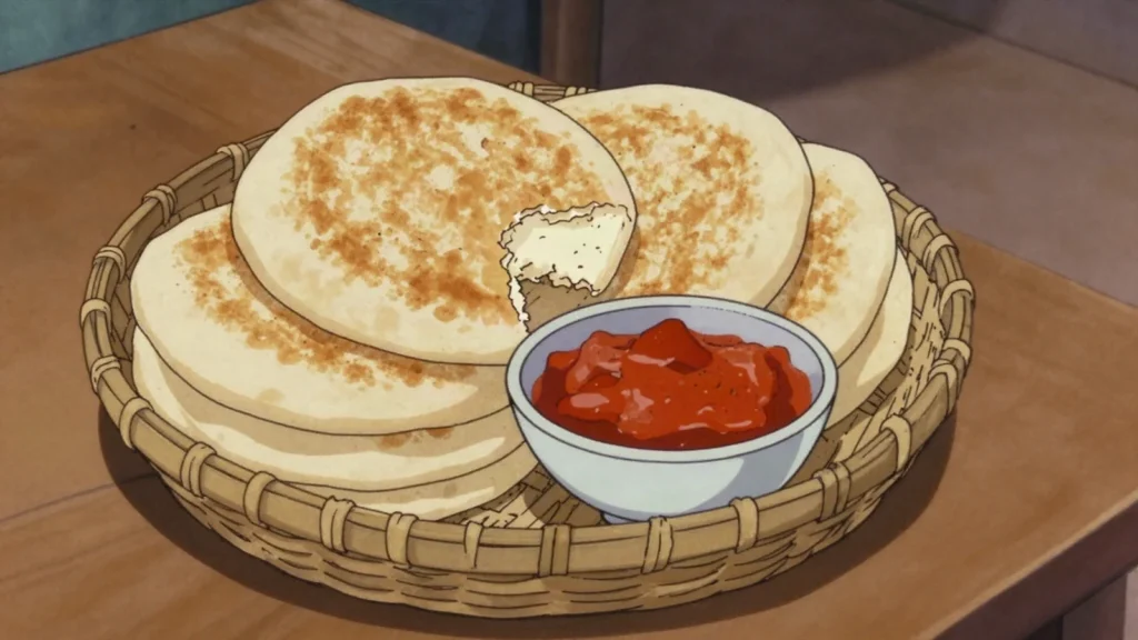 Gurasa, thick soft wheat flatbread baked on a clay plate, torn into stews, Niger bread & pastry, anime style