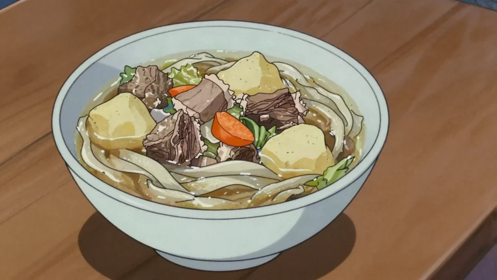 Guriltai Shul, hearty mutton soup with hand-rolled noodle strips, Mongolia soup & stew, anime style