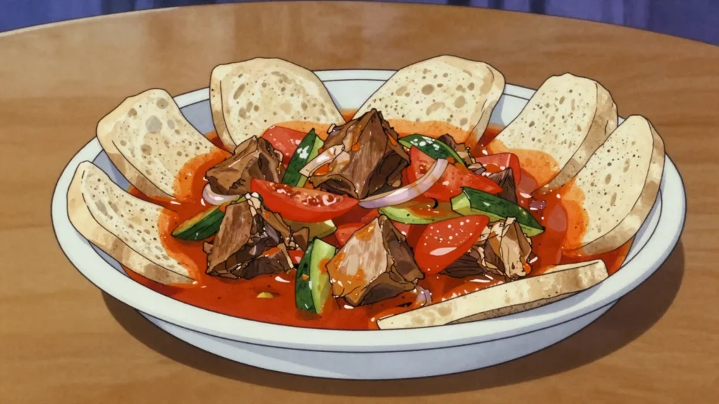 Gursan, thin dried bread layered under stewed meat and vegetables, Saudi Arabia main, anime style
