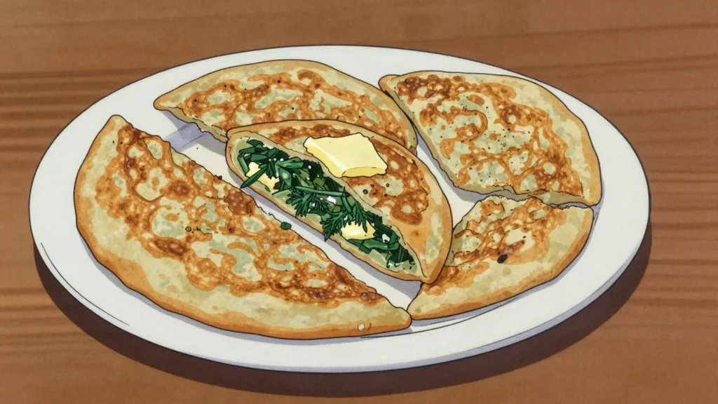 Gutap, half-moon flatbread fried with greens, meat or pumpkin, Turkmenistan street food, anime style