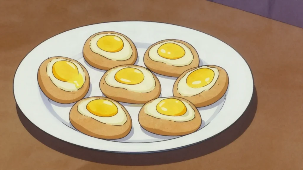 Gyeranppang, sweet oblong bread baked with a whole egg on top; winter cart snack, South Korea street food, anime style