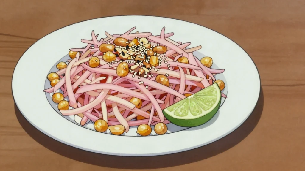 Gyin Thoke, shredded pickled ginger tossed with sesame, fried beans, cabbage and lime, Myanmar salad & side, anime style