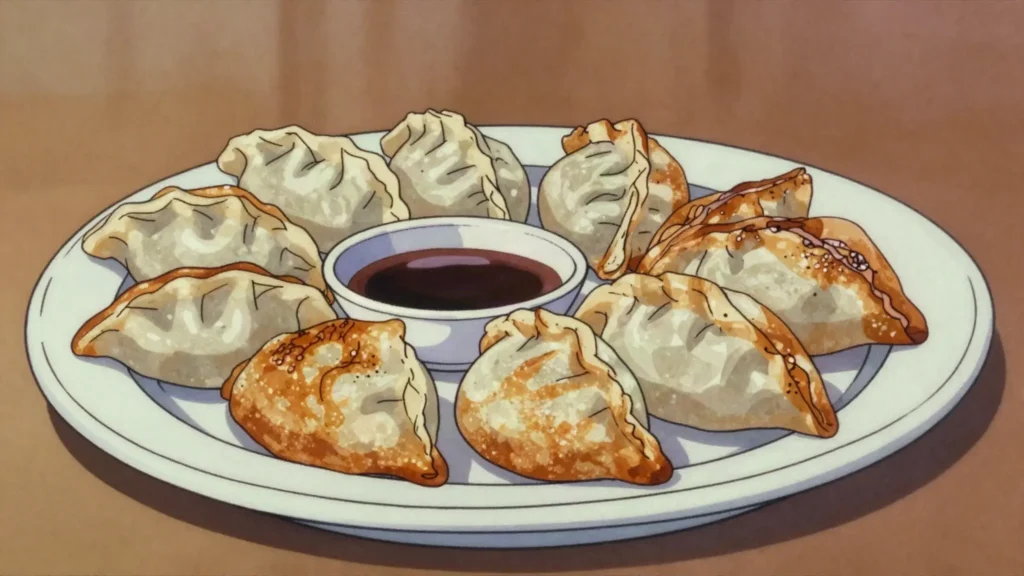 Gyoza, pan-fried pork-and-chive dumplings with crisp bottoms, ramen-shop companion, Japan snack, anime style