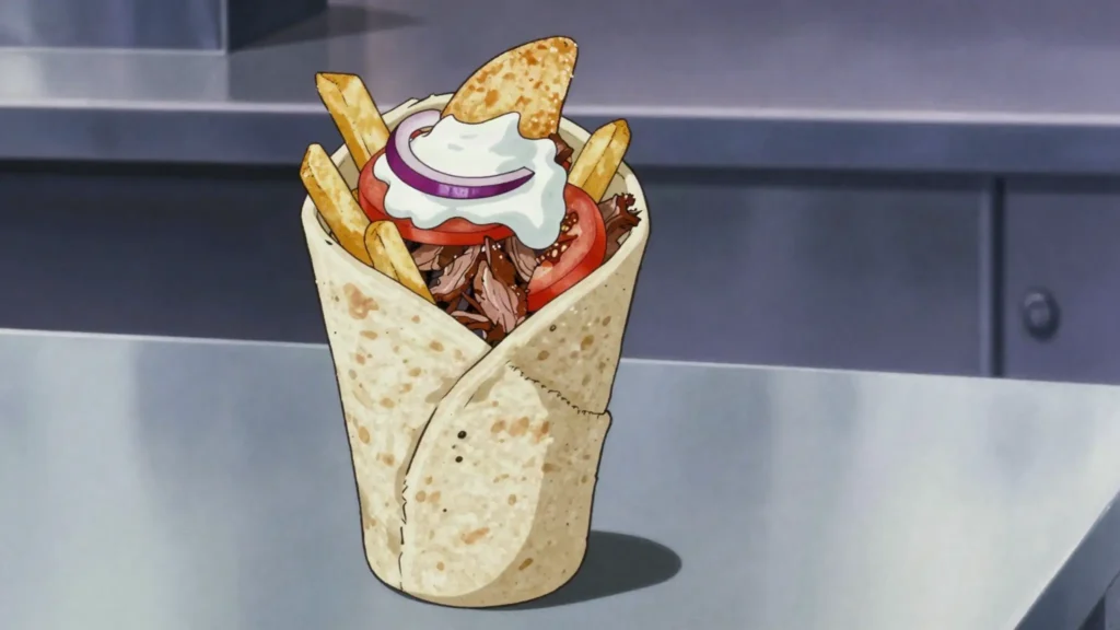 Gyros, spit-roasted pork shaved into pita with fries, tzatziki, Greece street food, anime style